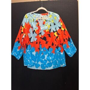Crown Ivy Curvy Women 1X Blue Red Floral V Neck Gathered Blouse Vibrant Class